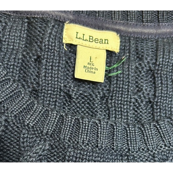 L.L.Bean Fisherman Cable Knit Sweater SET/2 Womens L Crewneck Navy Purple Cotton - Picture 4 of 13